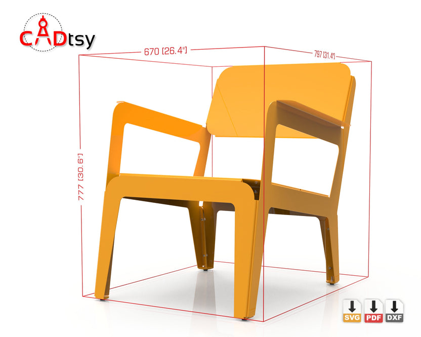 Dimensioned orange metal lounge chair, rear three-quarter view