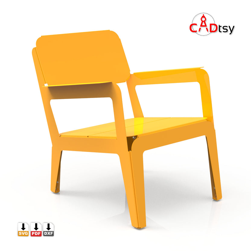 Orange metal lounge chair with wide armrests, front view