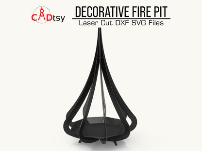 A beautiful, decorative metal fire pit, made from a DXF file, glowing with a warm fire on a cozy autumn evening.
