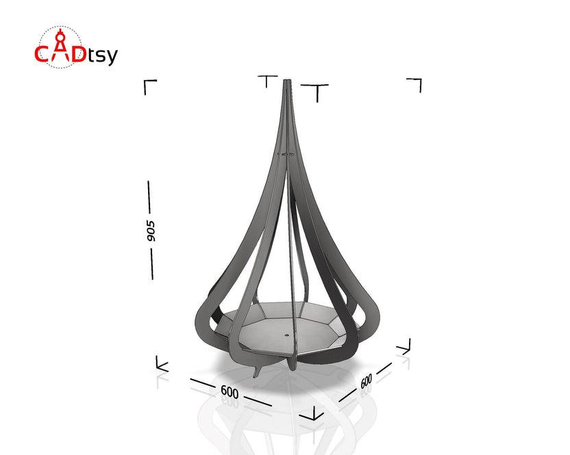 Decorative fire pit bowl render with overall dimensions