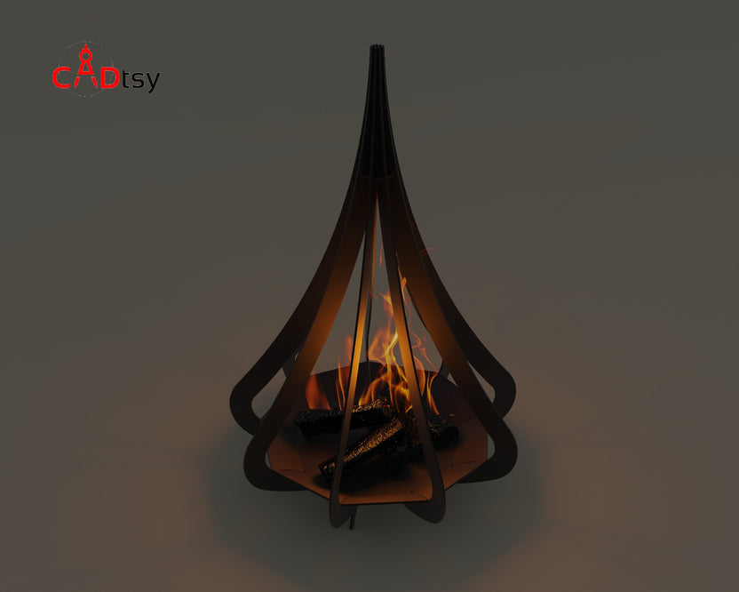 Decorative fire pit bowl with fire glowing at night