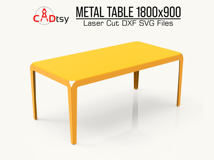 An elegant, modern metal dining table, made from a DXF file, shown fully assembled in a stylish dining room.