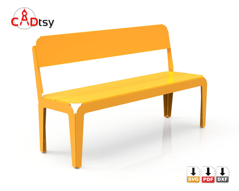 Right side view of metal bench with backrest