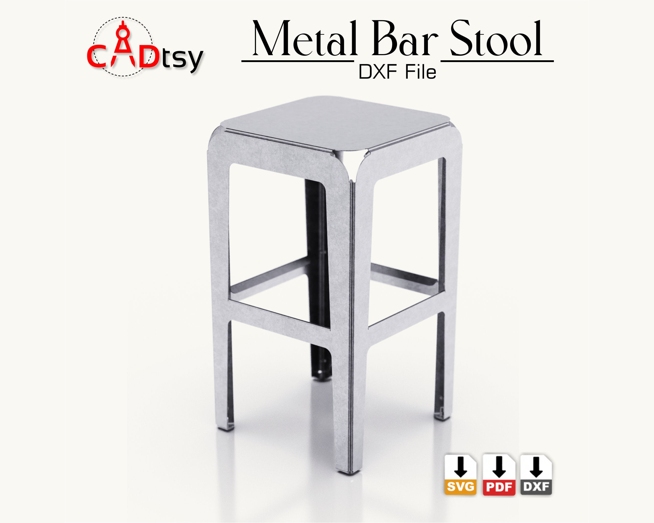 A 29.5-inch high industrial metal bar stool, made from a DXF file, shown fully assembled in a workshop setting.