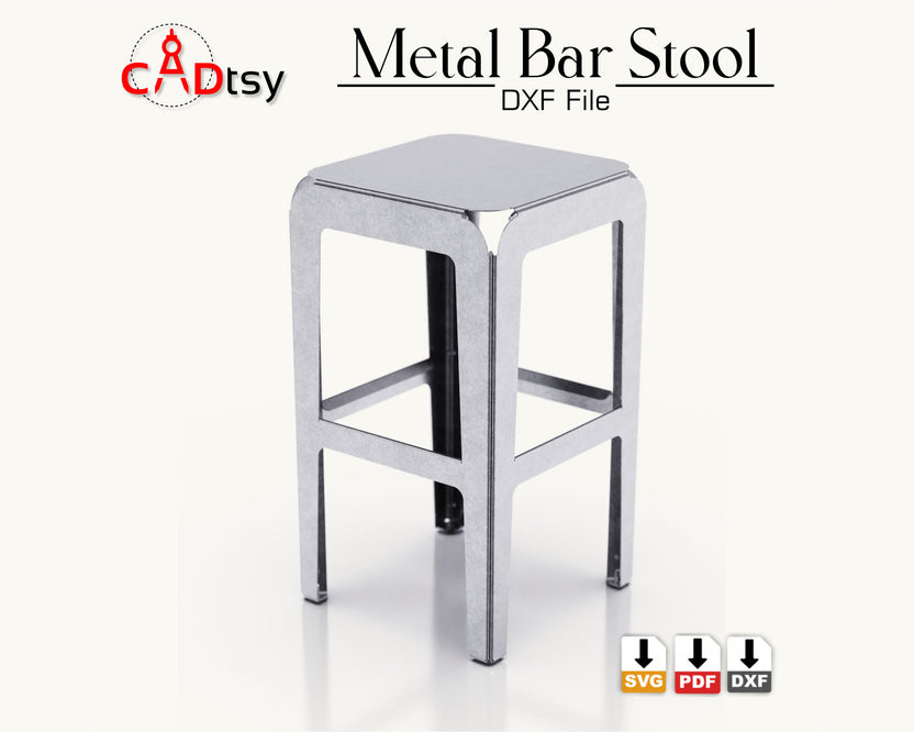A 29.5-inch high industrial metal bar stool, made from a DXF file, shown fully assembled in a workshop setting.