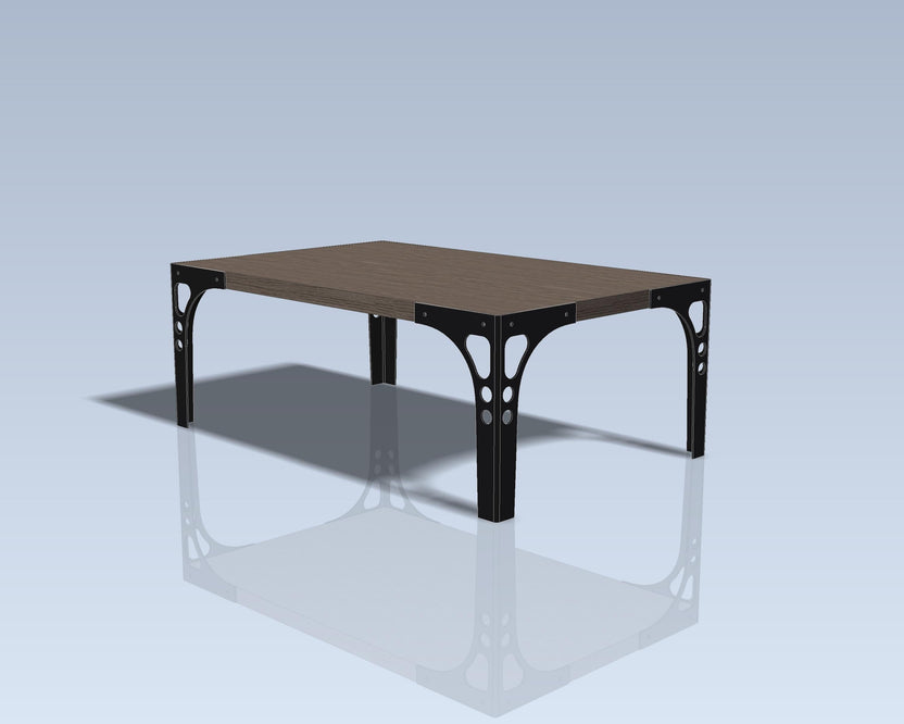 Low wide view of coffee table with industrial legs