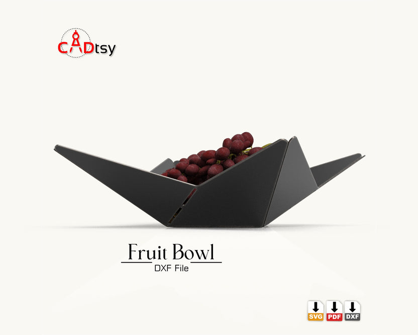 Low side view of black origami fruit bowl with grapes