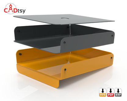 Metal-formed office desk document organizer of the stacked paper tray. Painted yellow and paint. For Letter and A4 size format docs