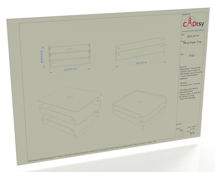 Technical drawing for stackable metal paper tray