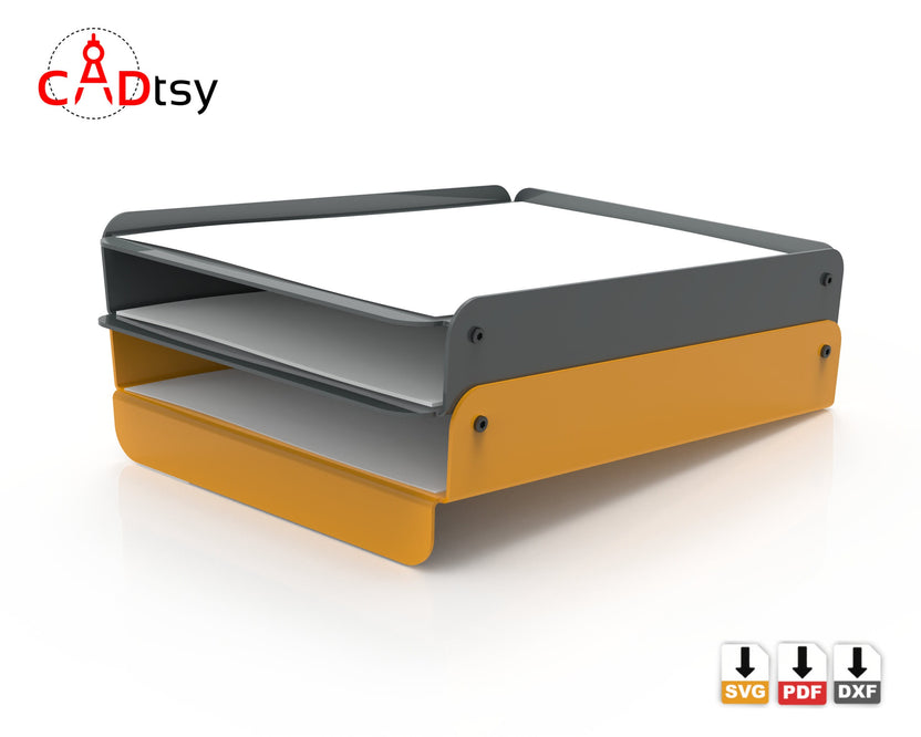 Front angled view of metal paper tray with document stack