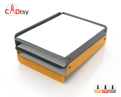 Metal-formed office desk document organizer of the stacked paper tray. Painted yellow and paint. For Letter and A4 size format docs