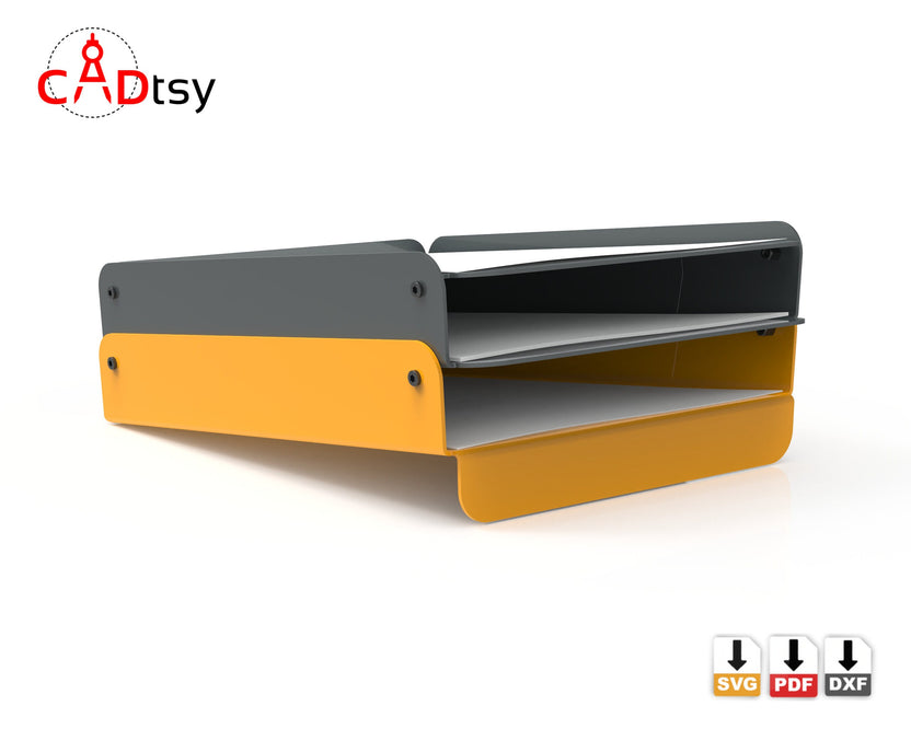 Low side view of yellow and gray metal paper tray