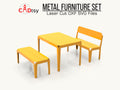 A complete set of modern outdoor metal furniture, including a table and two benches, made from plasma dxf files and shown on a patio.