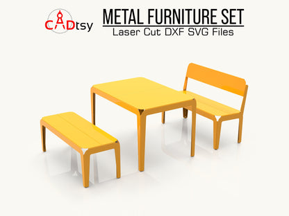 Outdoor metal CNC laser/plasma cut set: table, bench, and backrest bench. Modern style, heavy-duty construction. Ideal for a patio or garden, combining style and durability.