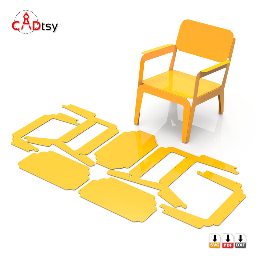 Yellow lounge chair render with flat cut parts arranged below