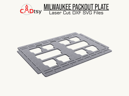 Flat lay digital illustration of a grey Milwaukee Packout CNC mounting plate with precise cutouts, compatible with laser and plasma cutting machines, offered in DXF and SVG formats