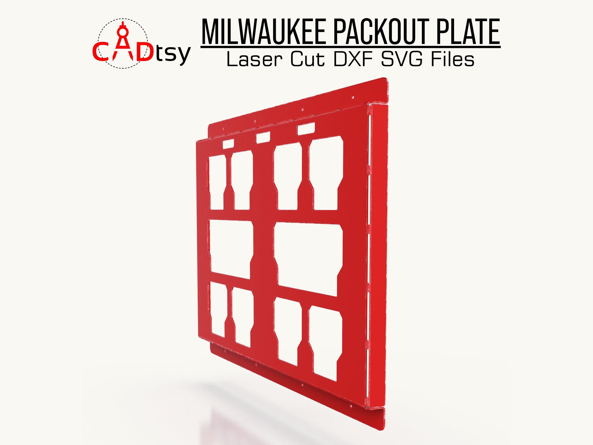 Milwaukee Packout Plate digital rendering, showcasing a metallic grey CNC laser-cut mounting plate with square and rectangle patterns, available in DXF and SVG file formats for CNC fabrication