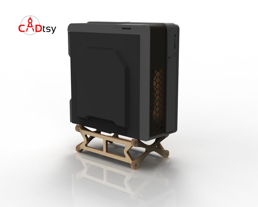 PC tower seated on wooden under-desk stand