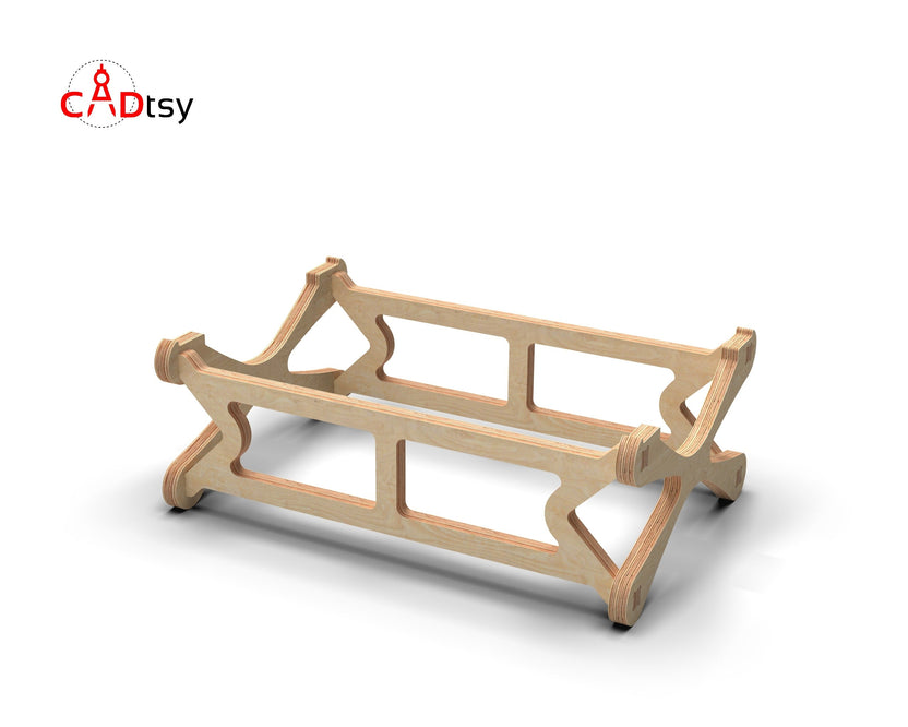 Front angled view of wooden PC tower stand with raised base