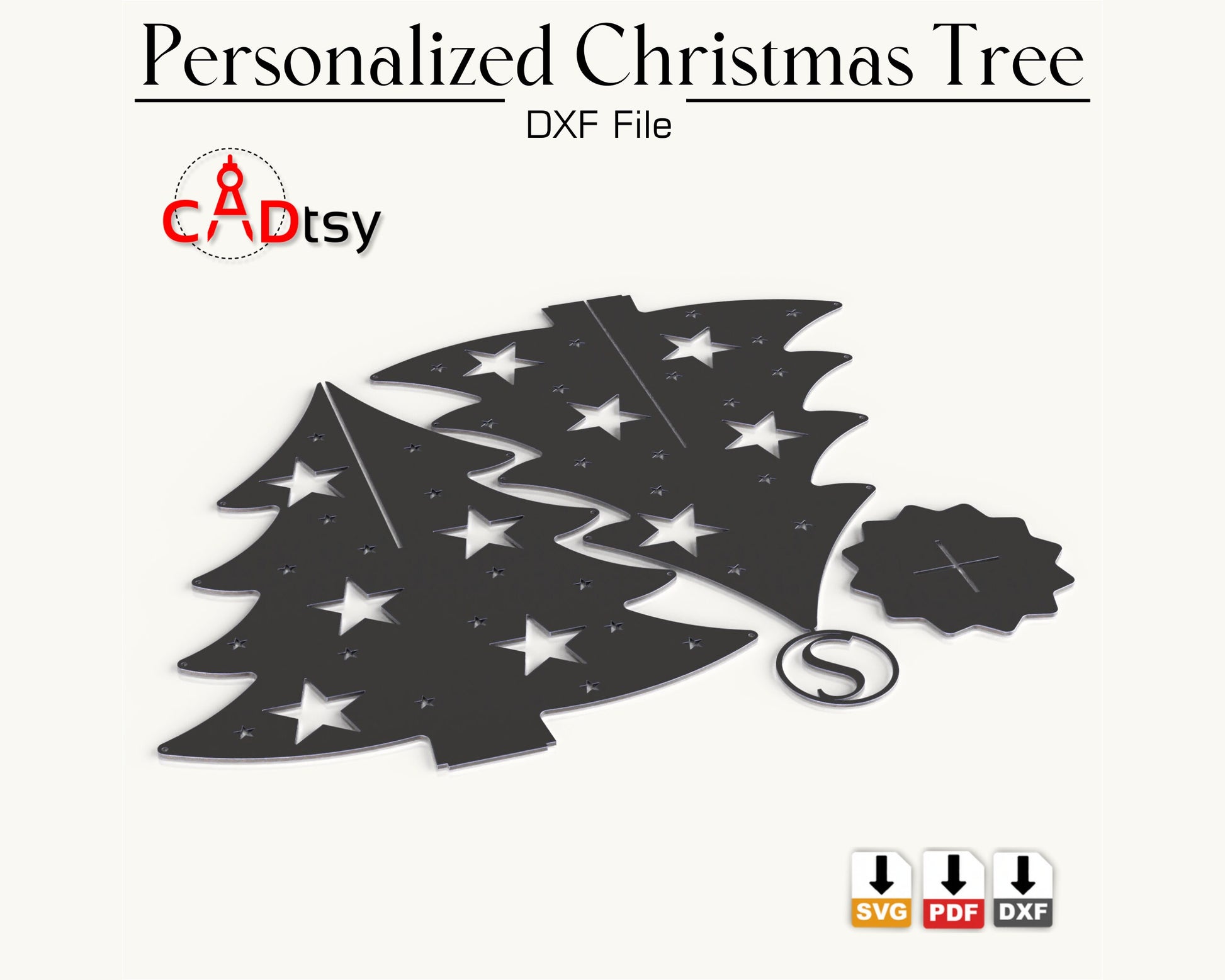 Personalized Christmas Tree CNC Laser Cutting DXF / SVG File, Full Alphabet A-Z, Digital Download.