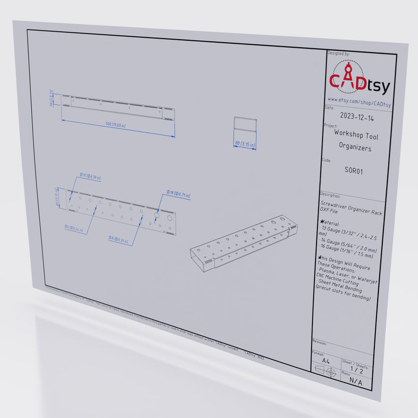 Technical drawing for screwdriver wall rack