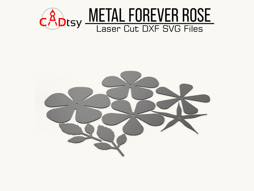 Flat metal rose petal, leaf and stem components arranged before assembly