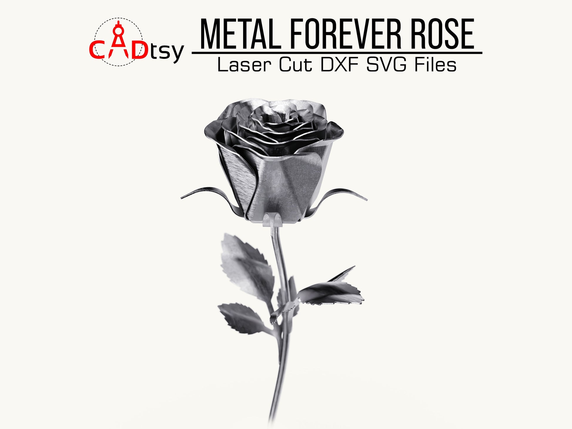 Close-up of a 3D metal rose model with intricate petal details, highlighting the METAL FOREVER ROSE; for laser cutting, provided in DXF and SVG file formats