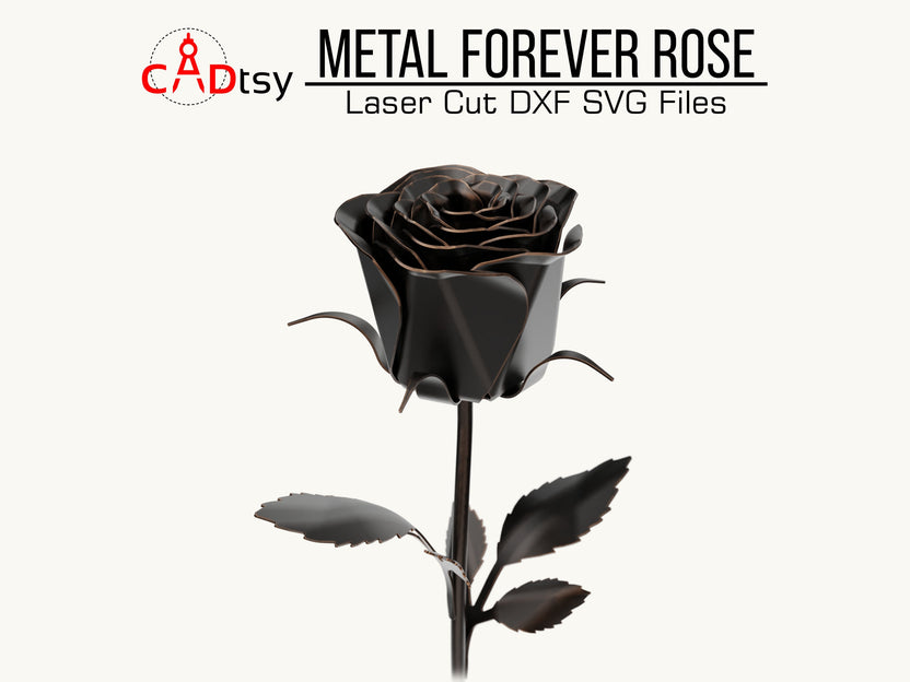 Black metal rose with stem and leaves, front three-quarter view