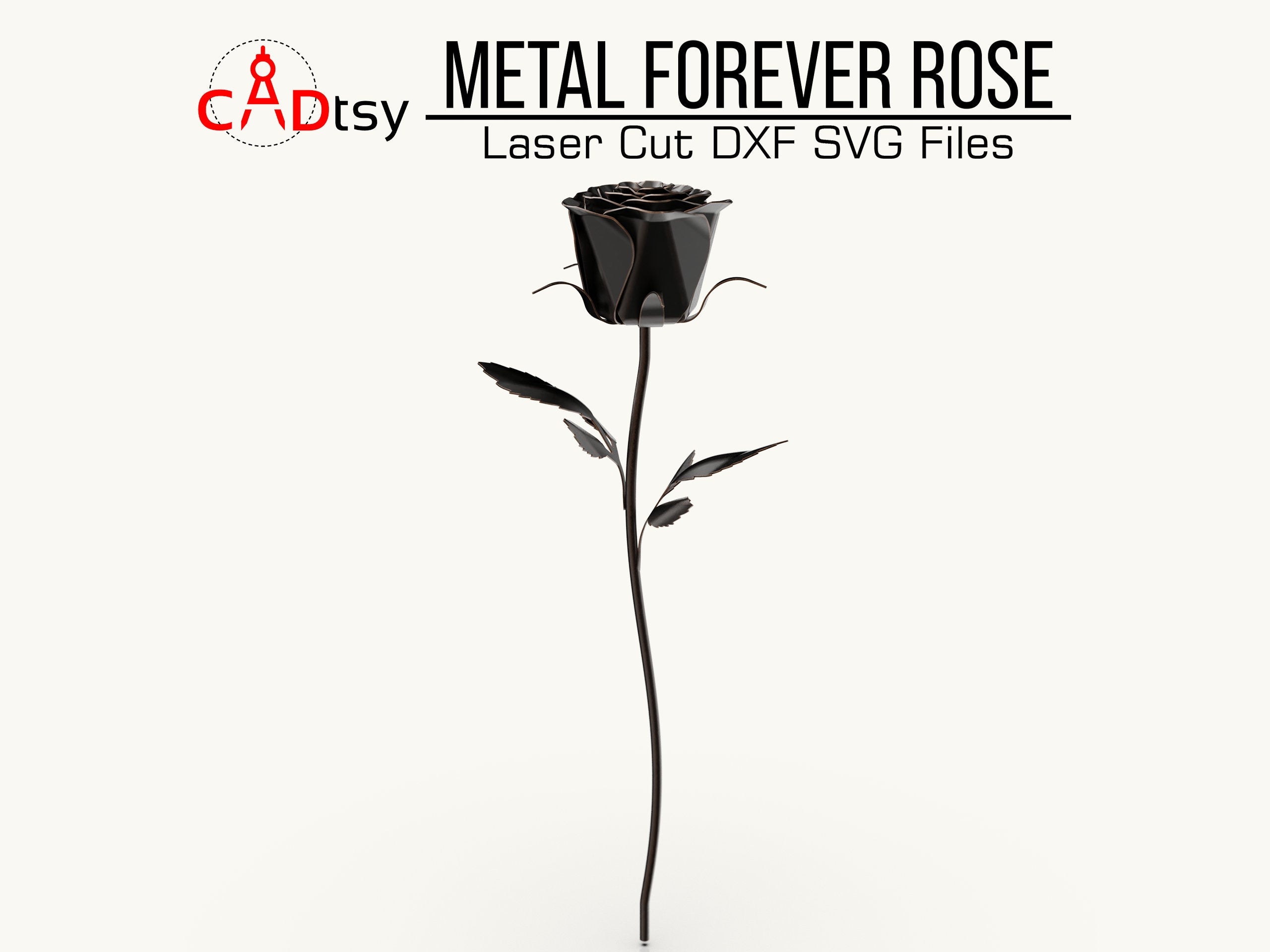 Close-up of a 3D metal rose model with intricate petal details, highlighting the METAL FOREVER ROSE; for laser cutting, provided in DXF and SVG file formats