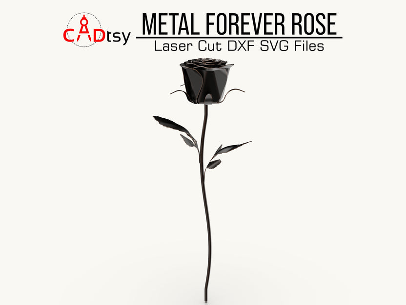 Black metal rose with long stem and sparse leaves, full-length view