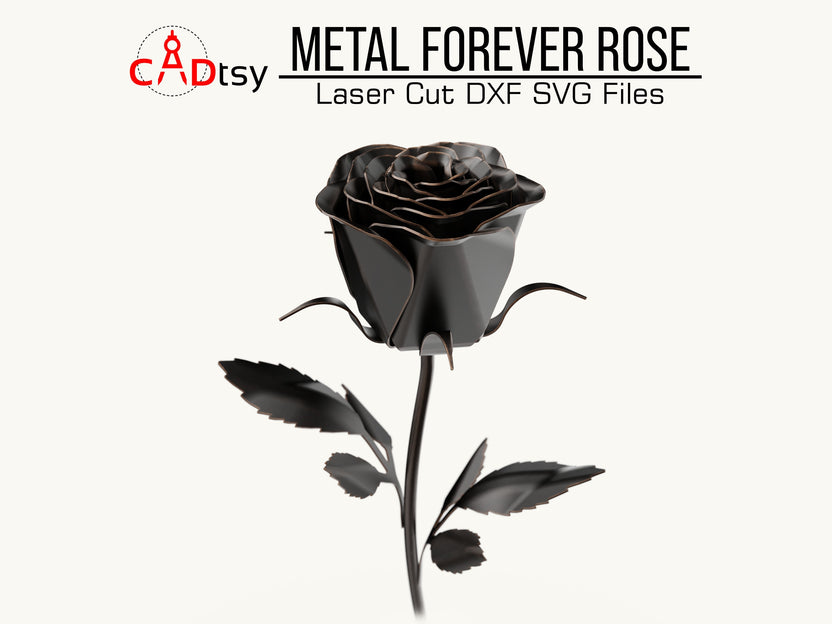 Black metal rose with stem and leaves, angled full-length view